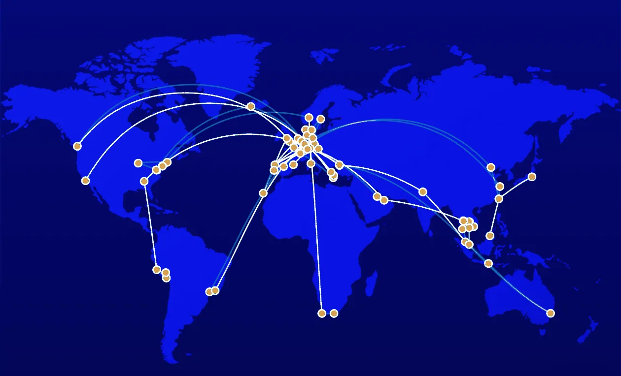 Global travel map showing flight paths